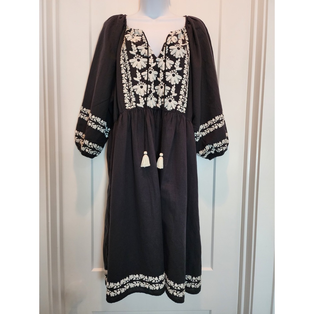 Sundance Womens Boho Embroidered Peasant Midi Dress L Black Floral Josephena - Picture 2 of 14